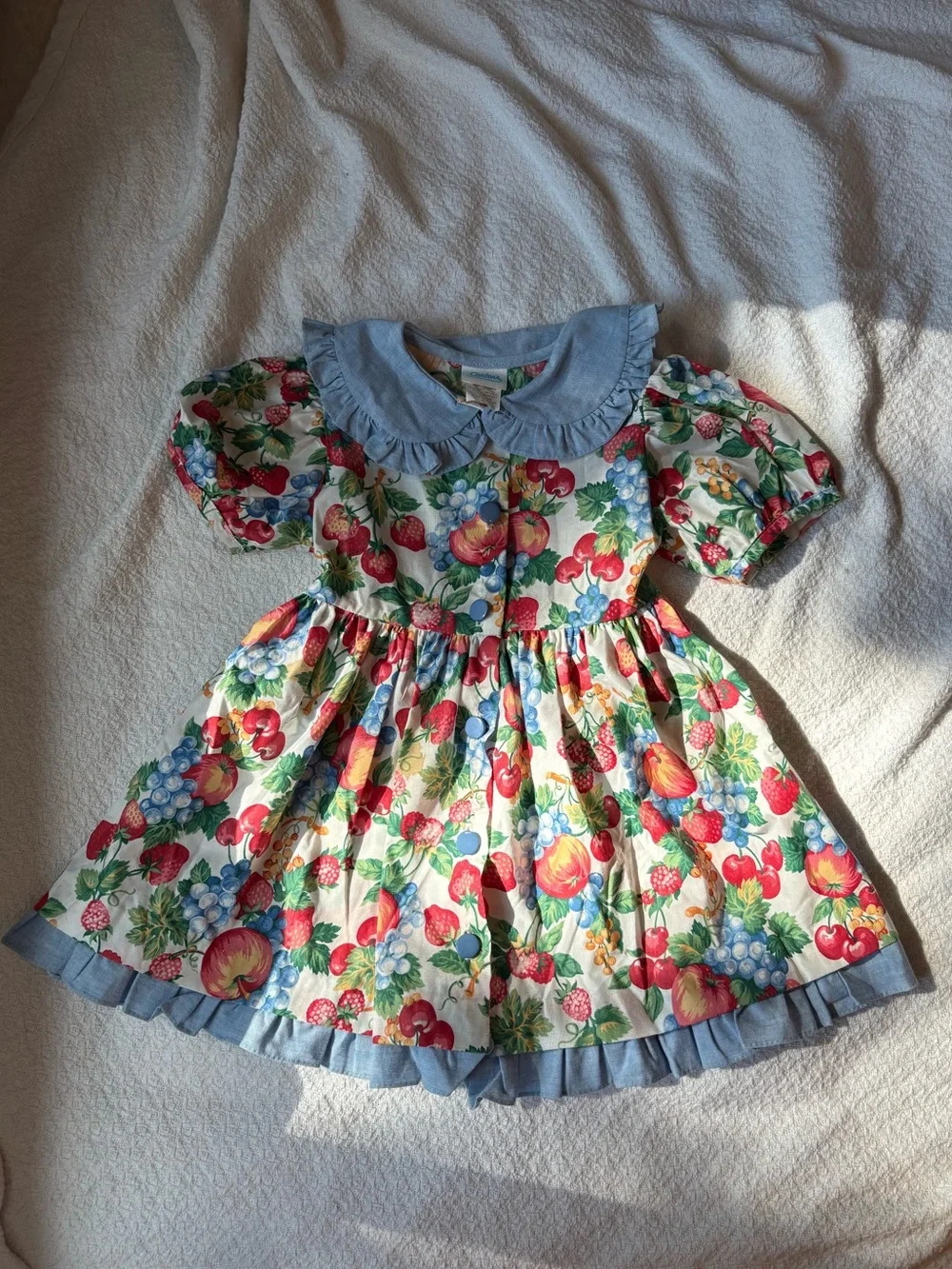 Vintage Carter's Cream Fruit & Floral Dress with Blue Collar